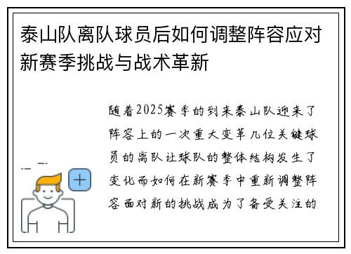泰山队离队球员后如何调整阵容应对新赛季挑战与战术革新